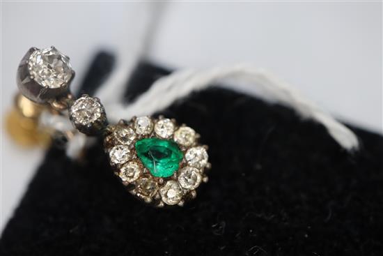 A pair of 19th century, yellow and white metal, emerald and diamond drop earrings, 17mm.